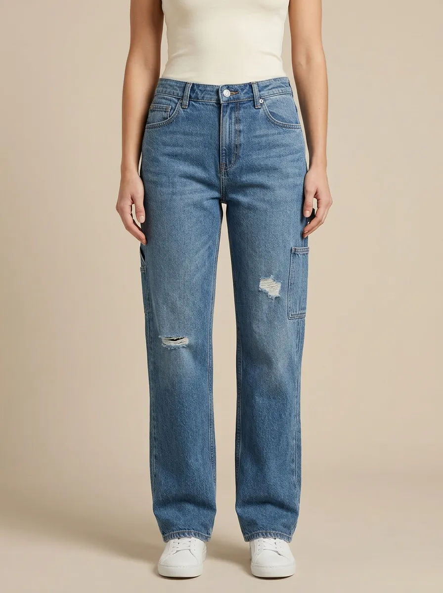 Women's Faded Utility-Pocket Thigh-Distressed Mid-Rise Straight-Leg Jeans