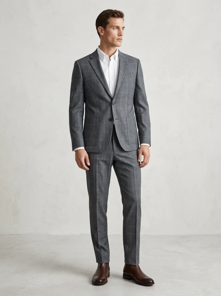 Men's Business Formal Grey Plaid Pattern Printed Suit Set