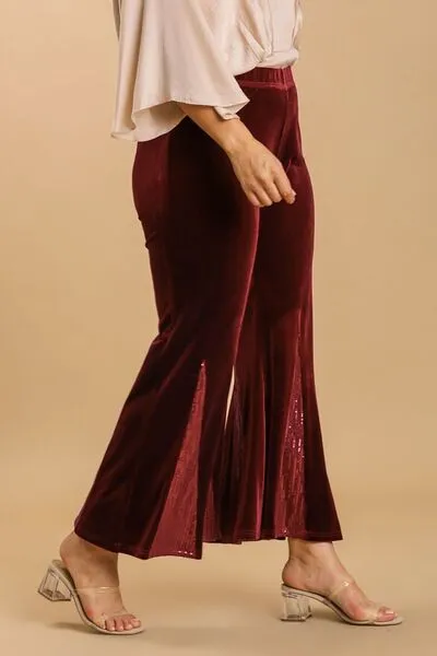 Sequin Elastic Waist Velvet Stretch Flared Pants