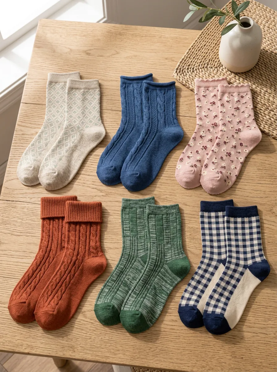 Women's Vintage Floral Plaid Cable Knit Printed Socks Set