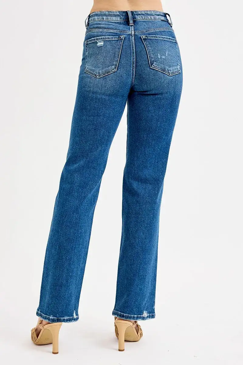Classic High Waist Straight Leg Distressed Denim Jeans