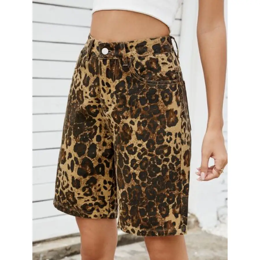 High Waist Pocketed Leopard Pattern Denim Shorts