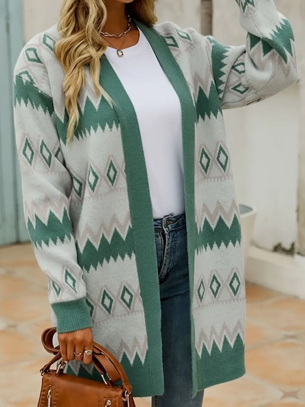 Boho Graphic-Knit Long-Sleeve Cardigan