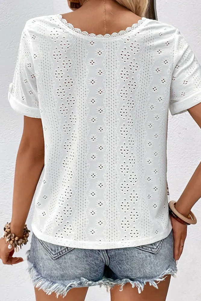White V Neck Eyelet Pattern Blouse
