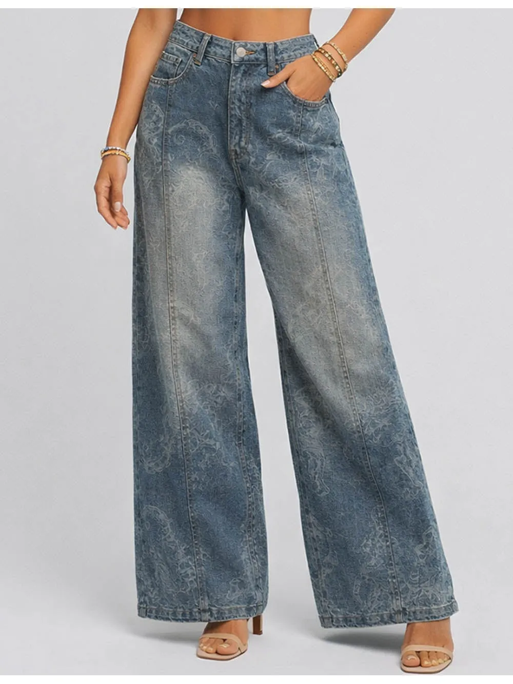 Jacquard Pockets Jeans Wide Leg Denim Pants