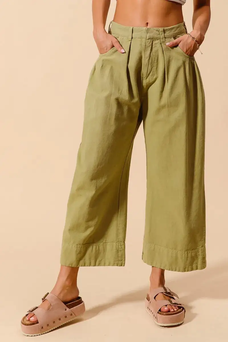 Wide Leg Mid Rise Pocketed Cropped Pants