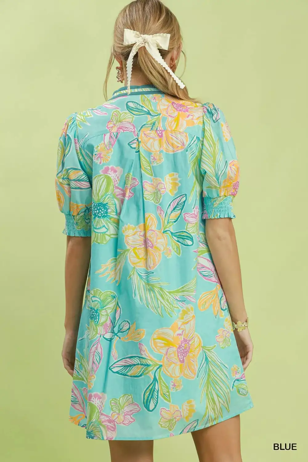 Botanical Print V-Neck Smocked Pocketed Dress