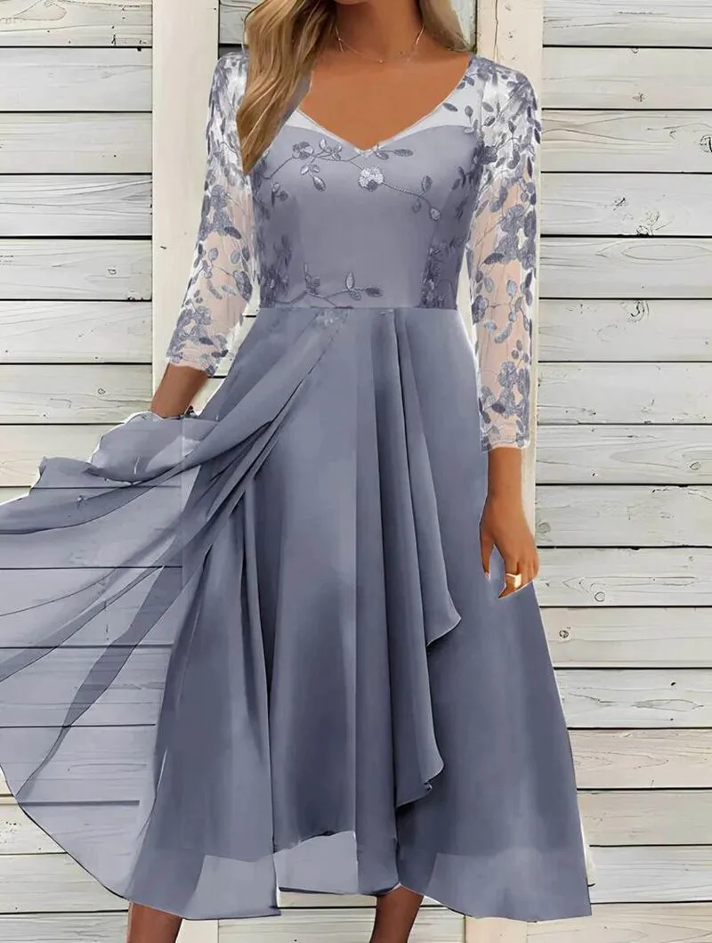 Women's Bodycon V-Neck Three-Quarter-Sleeve Chiffon Midi Dress