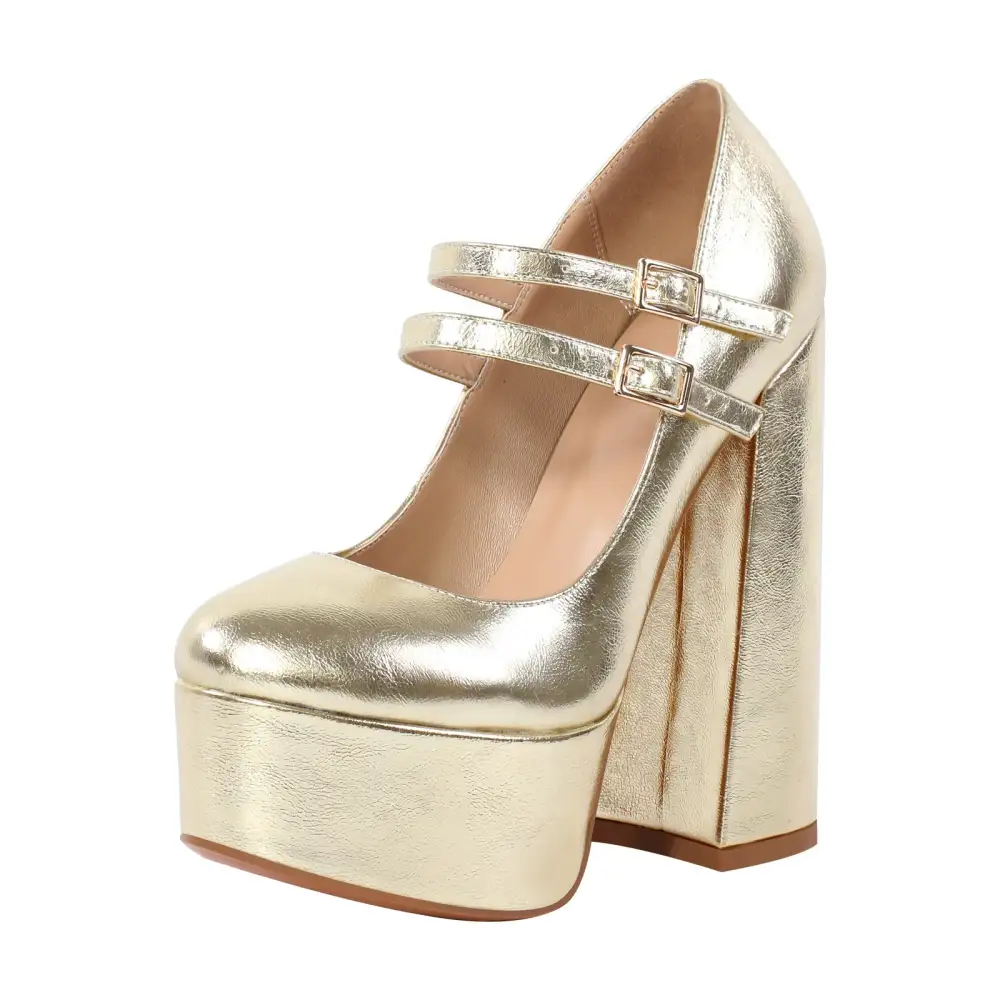 Round Toe Platform Chunky Heel Buckle Strap Pumps