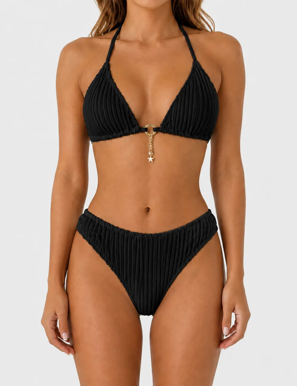 Vertical Texture Halter Neck Triangle Bikini Set