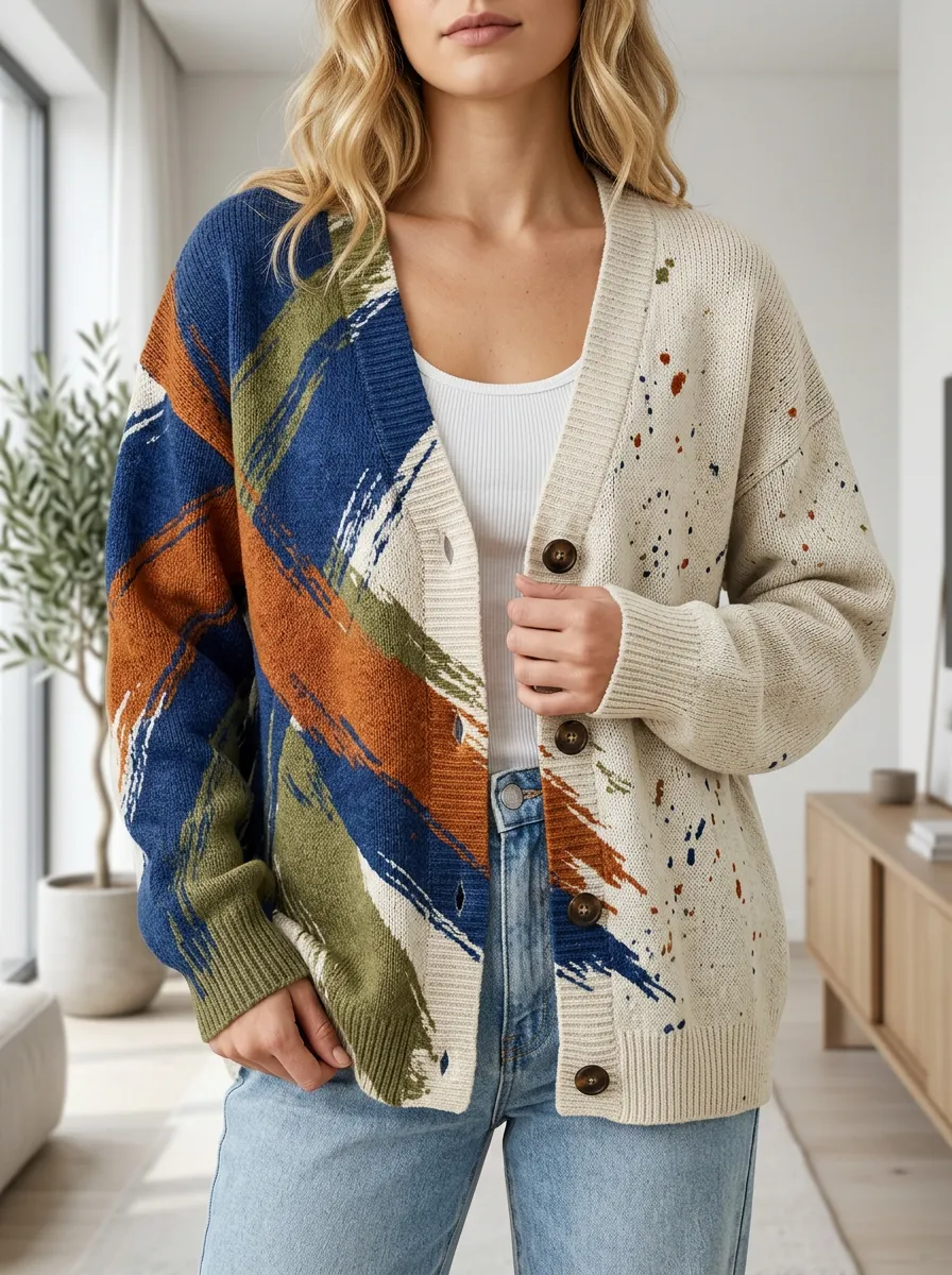Women's Abstract Brushstroke Paint Splatter Printed Cardigan