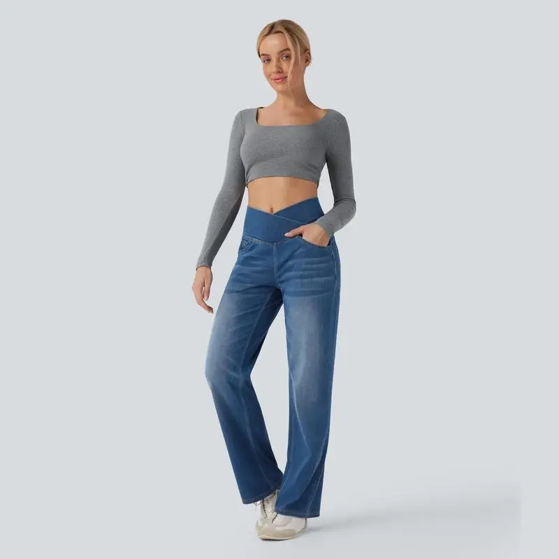 2026🔥  High Waisted Multiple Pockets Baggy Wide Leg Washed Stretchy Knit Casual Jeans