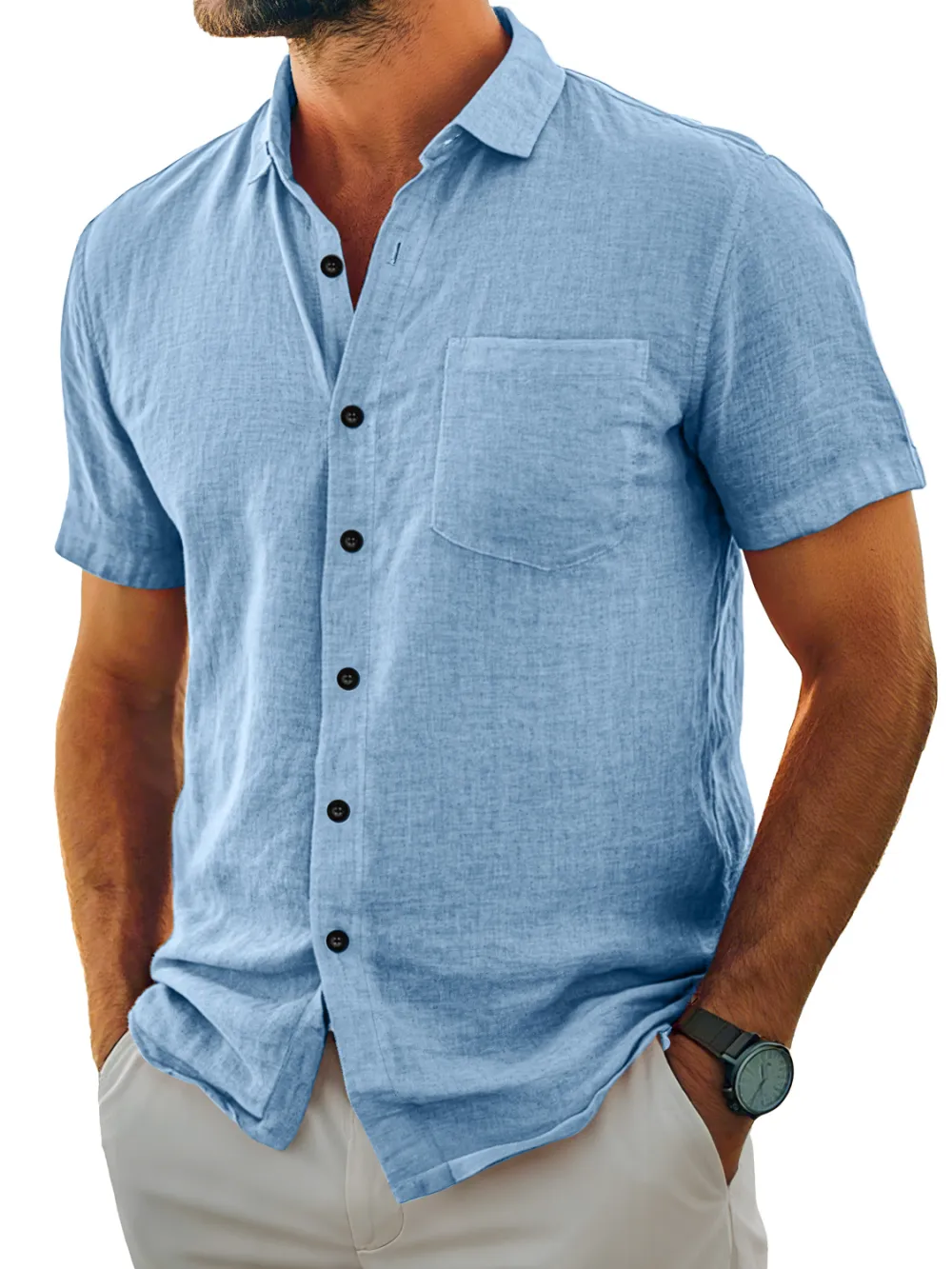 Clean Line Short Sleeve Open Collar Pocket Shirt