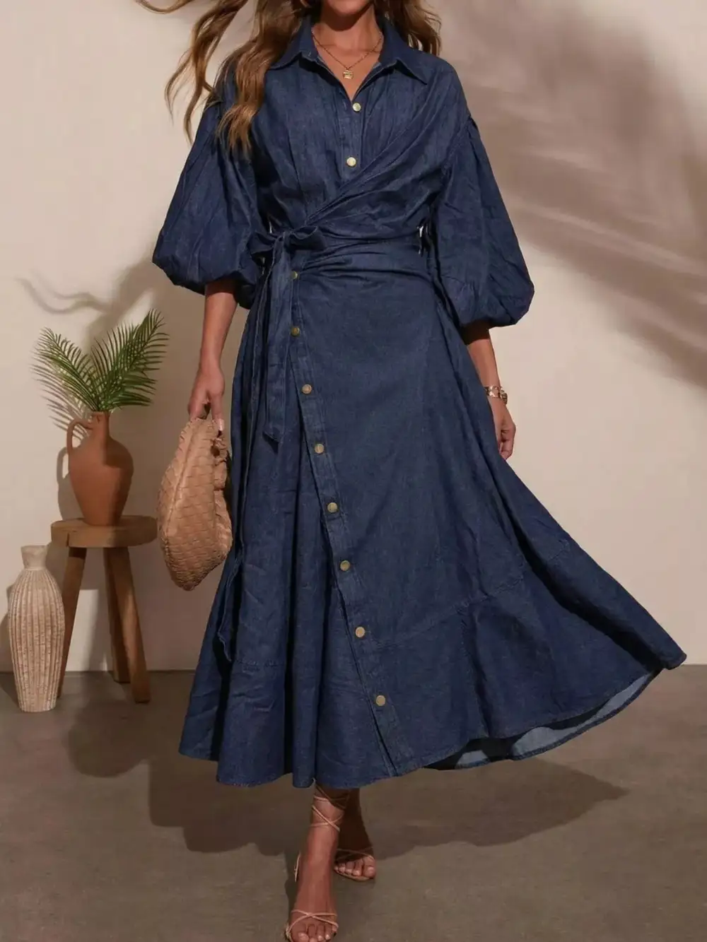 Wrap Front Long Sleeve Belted Denim Dress