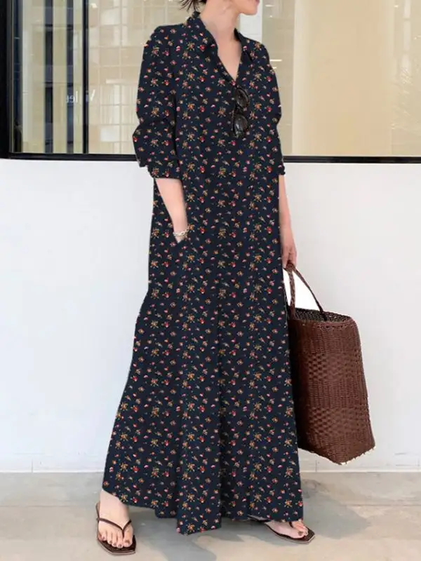 Printed Long Sleeve Shirt Maxi Dress