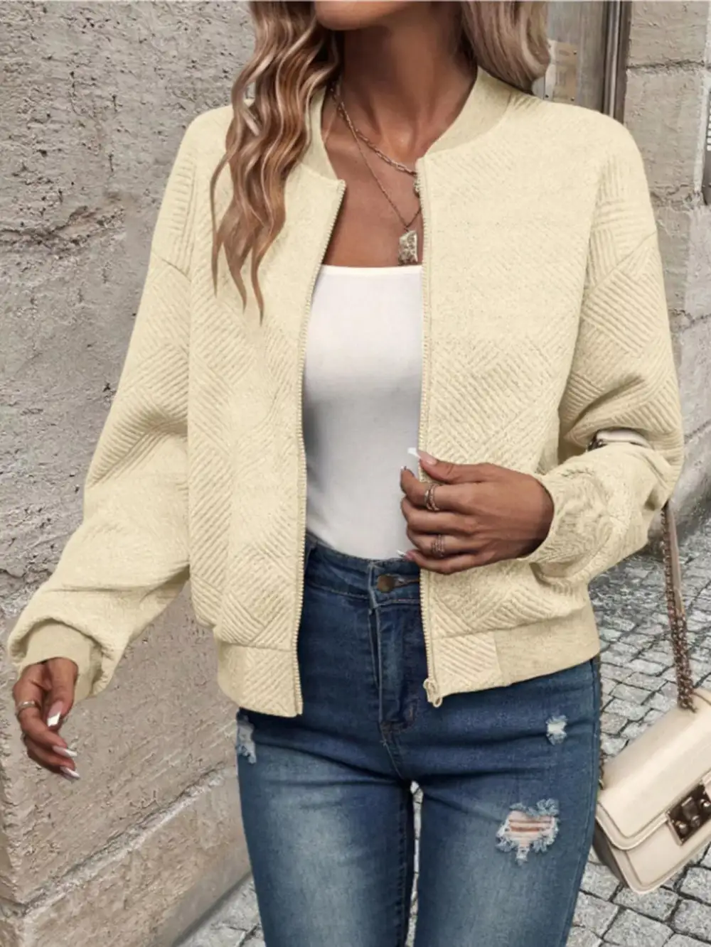 Textured Knit Zip-up Bomber Jacket