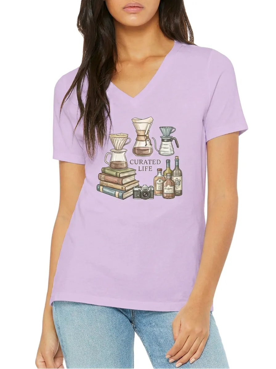 Women's Coffee Book Curated Life Graphic V-Neck T-Shirt