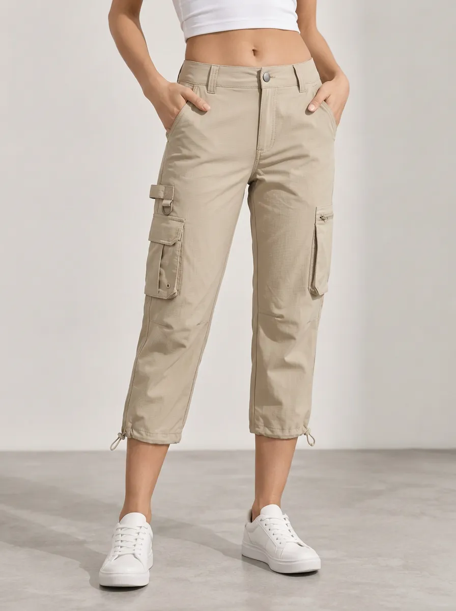 Women's Relaxed Utility Drawstring Multi Pocket Mid Rise Capri Cargo Pants