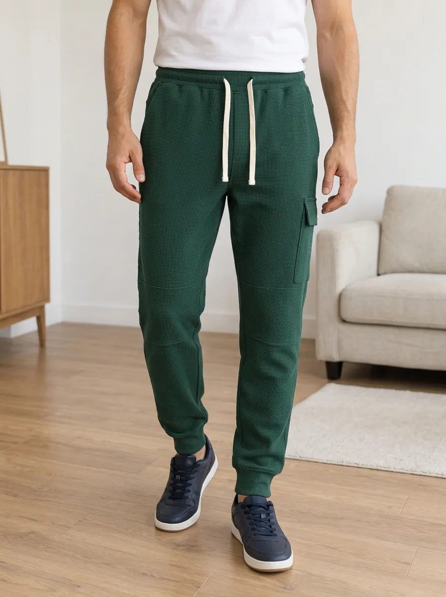 Men's Casual Waffle Knit Drawstring Cargo Jogger Pants