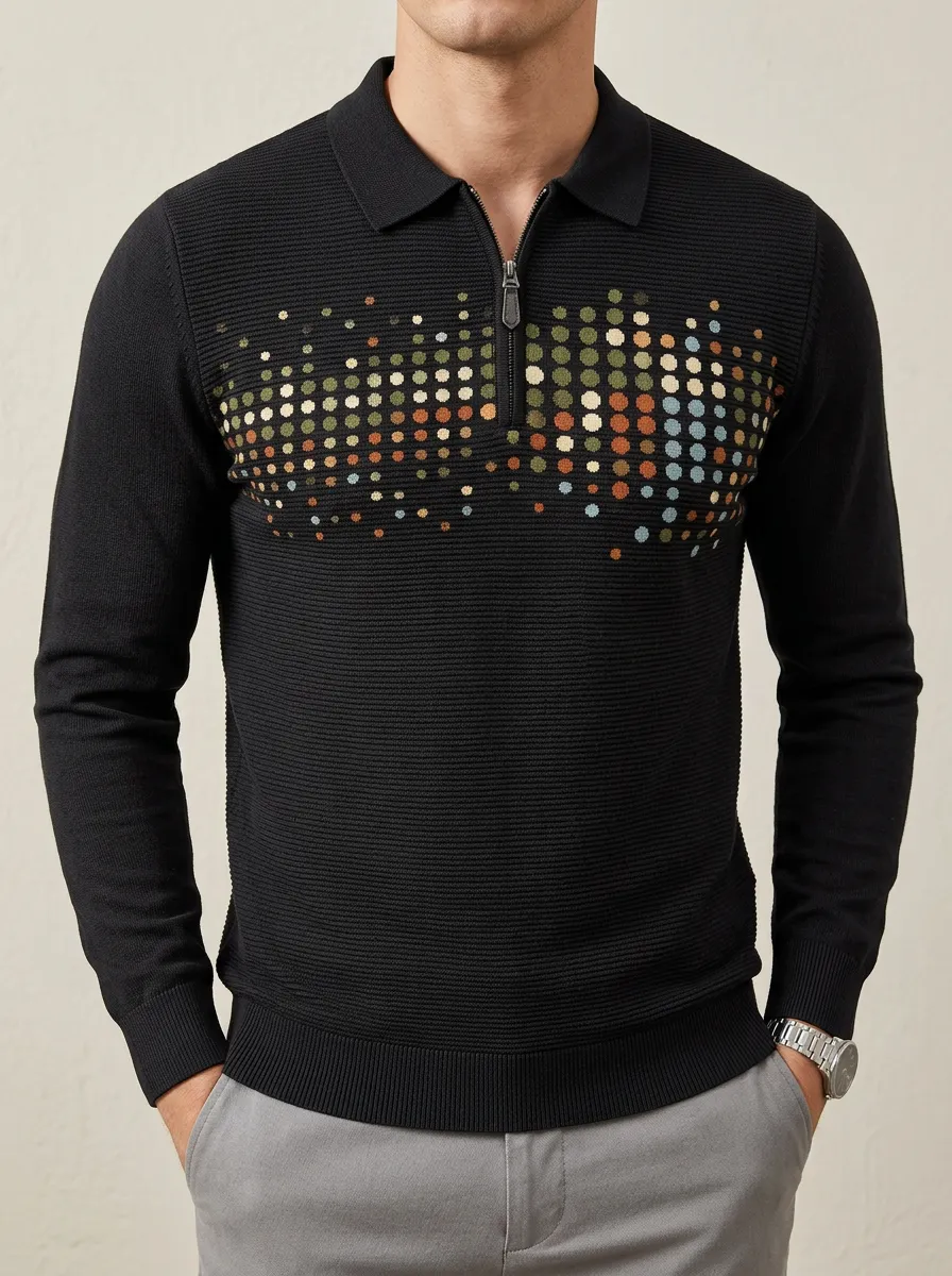 Men's Abstract Polka Dot Pattern Printed Long Sleeve Polo Shirt