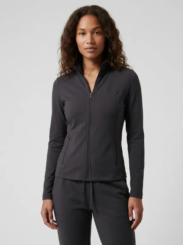 Women's Sage Green Leaf Embroidery Zip-Up Jacket & Jogger Set