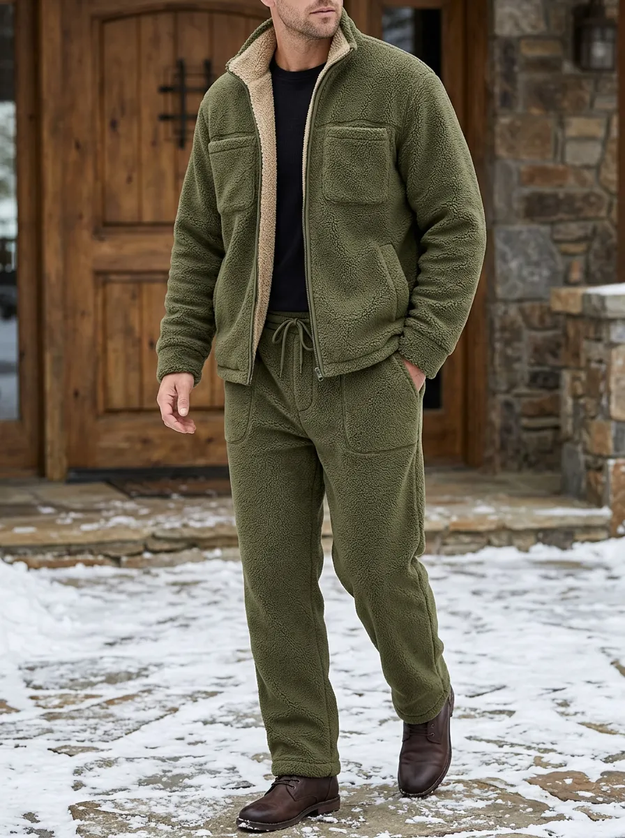 Men's Winter Fleece-Lined Jacket and Pants Set with Contrast Lining