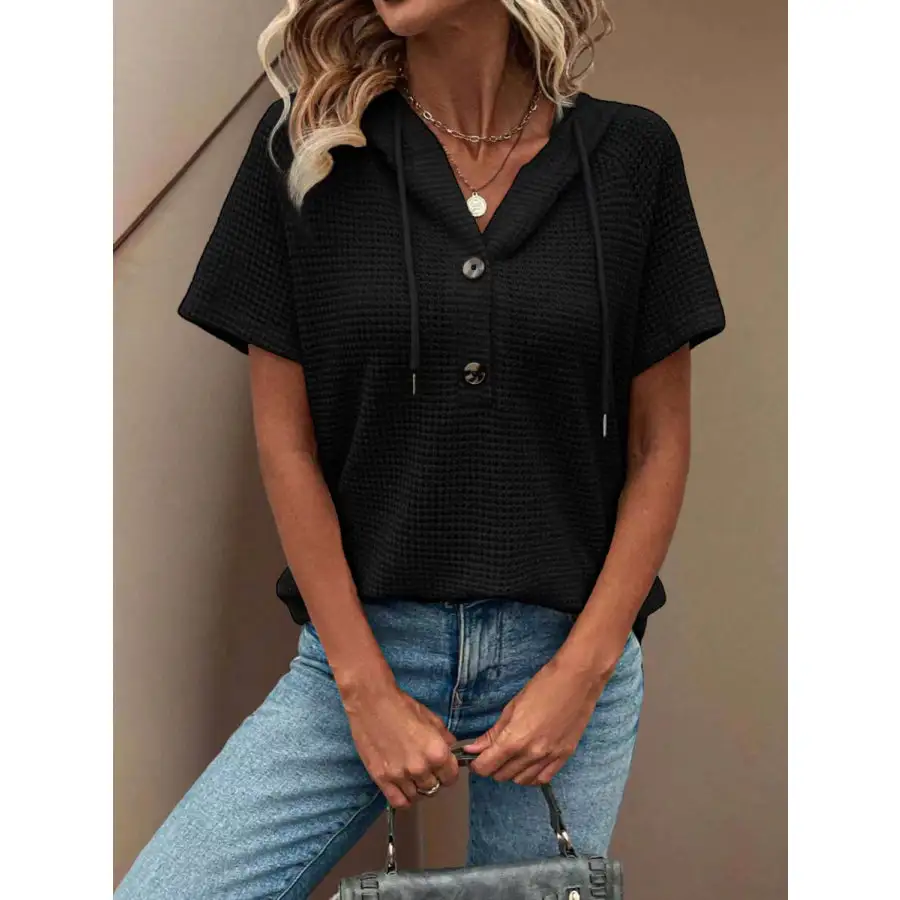 Waffle Knit Hooded Short Sleeve Blouse