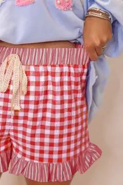 Elastic-Waist Gingham Print Ruffle Striped Detail Lace Tie Shorts