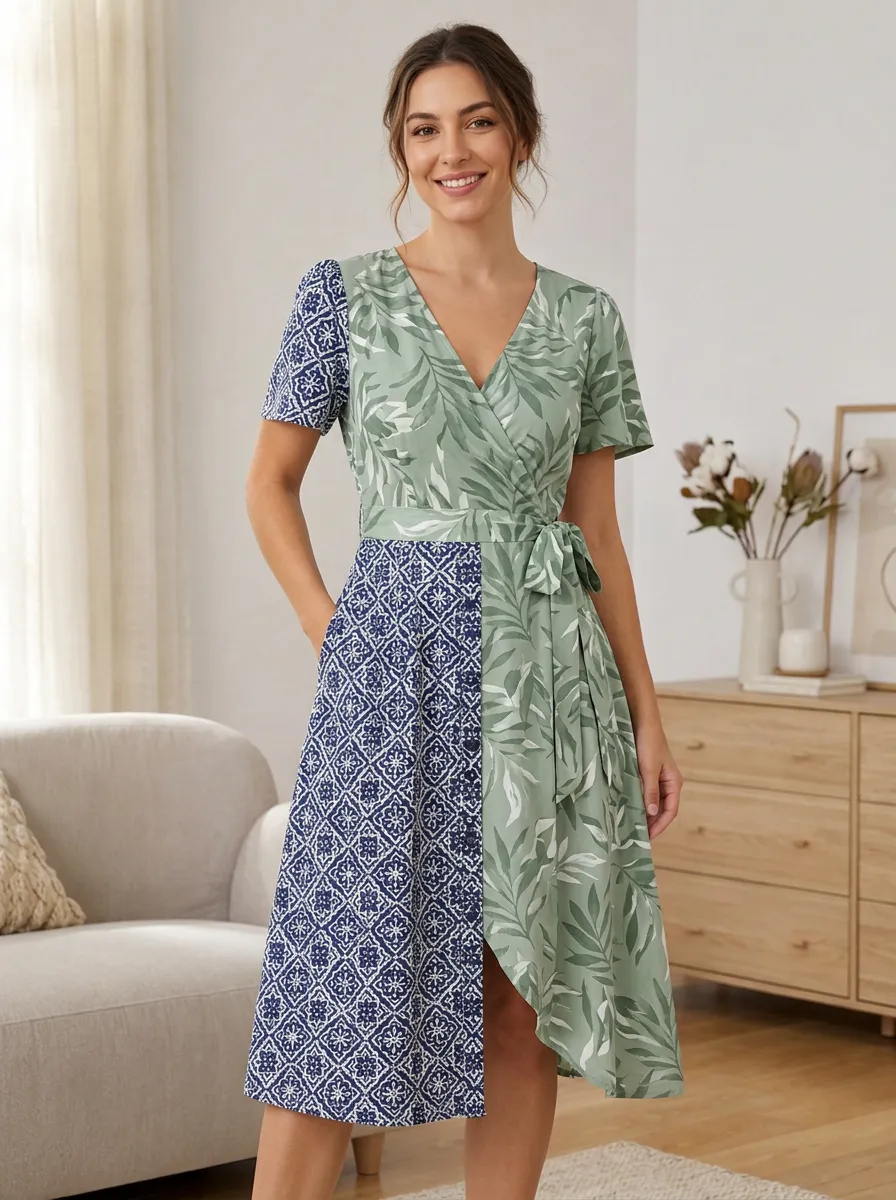 Women's Boho Leaf Geometric Patchwork Printed Wrap Dress
