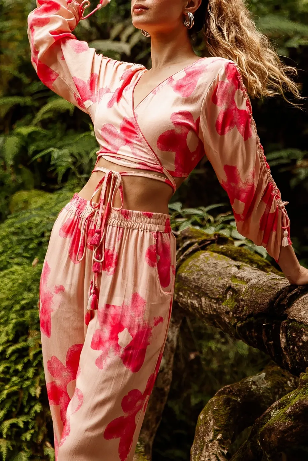 Pink And Red Tropical Print Wrap Crop Top