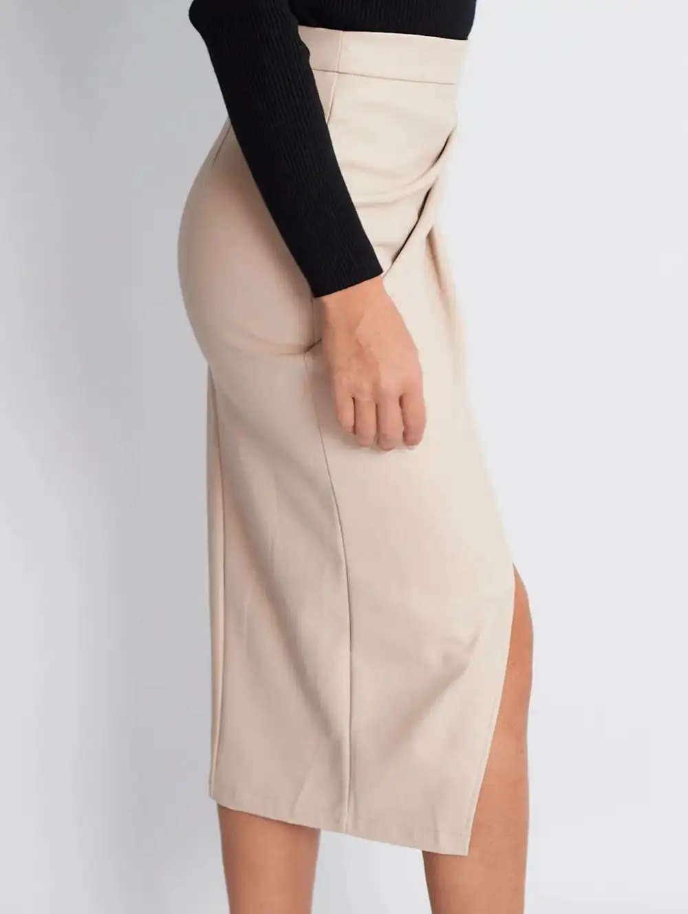 Leather Look Pleated Zipper Midi Skirt