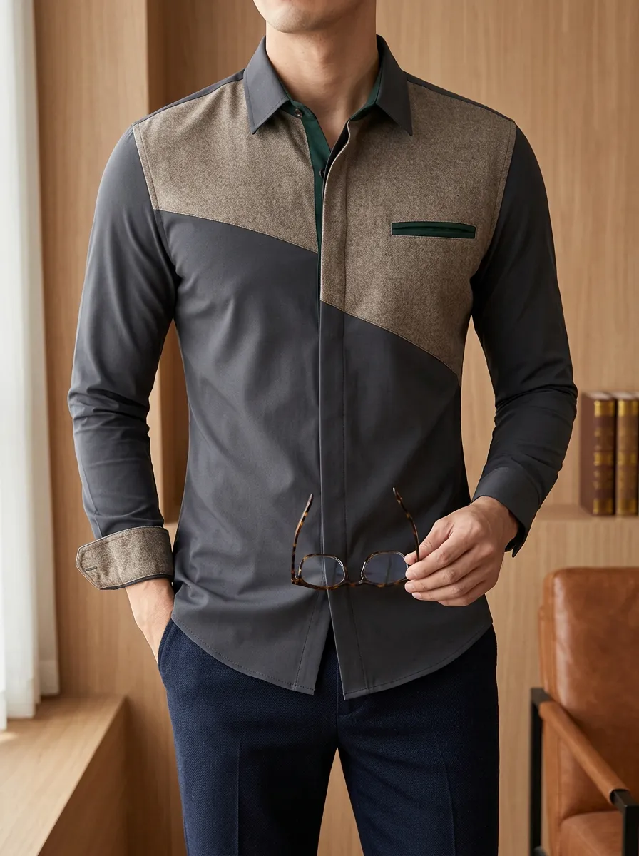 Men's Refined Colorblock Patchwork Contrast Trim Long Sleeve Slim Fit Shirt