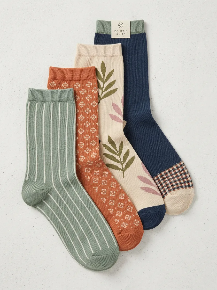 Classic Geometric Floral Striped Four-Pair Casual Socks