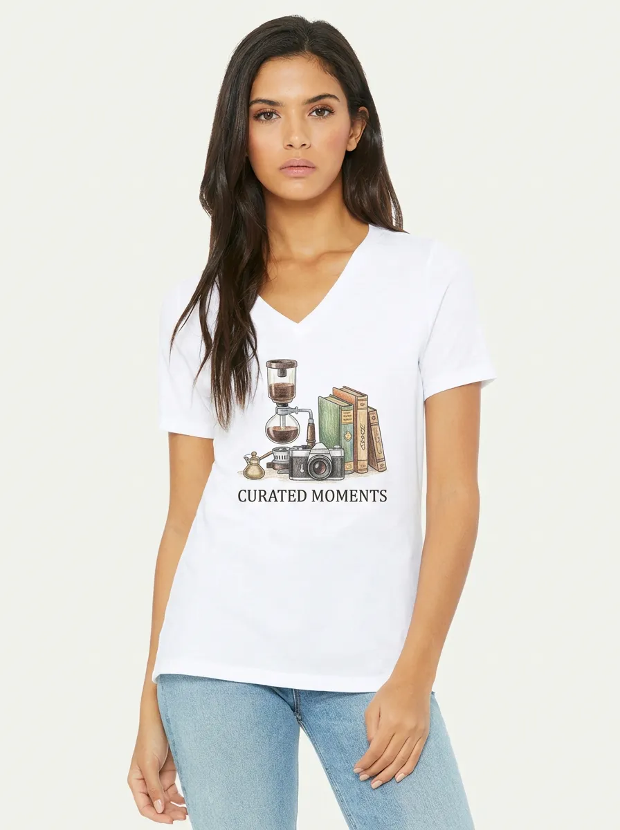 Women's Coffee Camera Book Curated Moments Graphic V-Neck T-Shirt