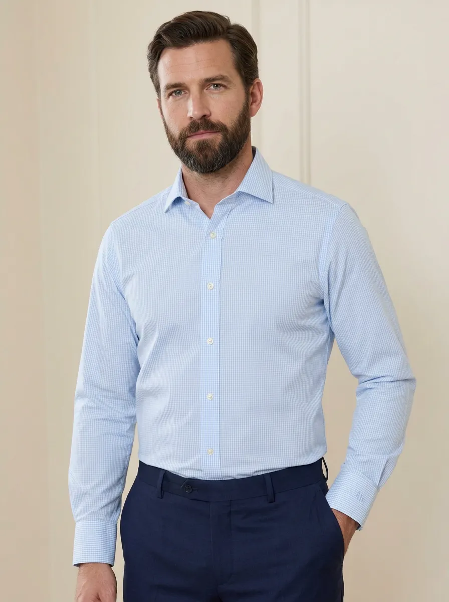 Men's Business Casual Non-Iron Cotton Blue Gingham Long Sleeve Shirt