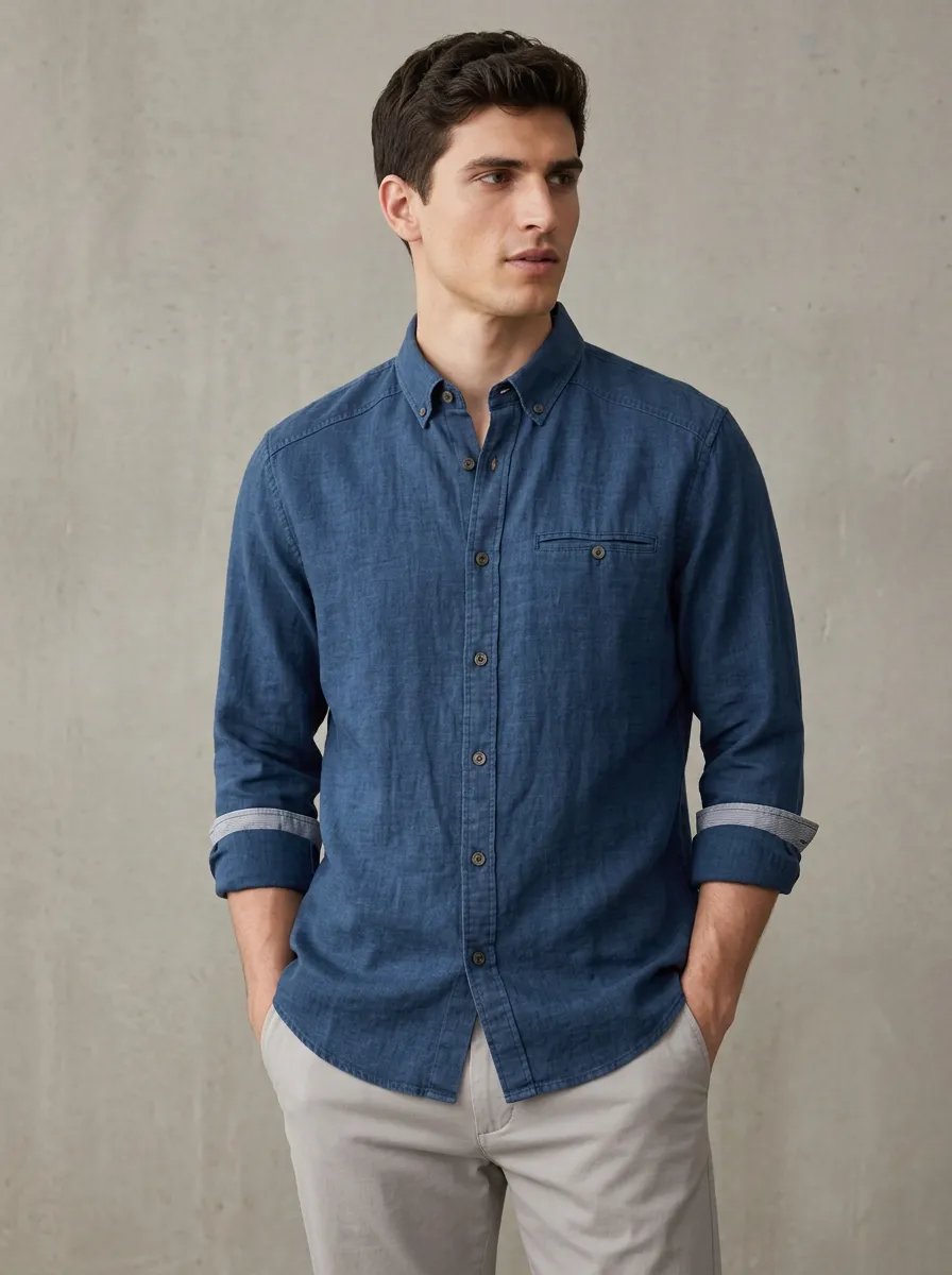 Men's Casual Breathable Blue Linen Button-Down Shirt