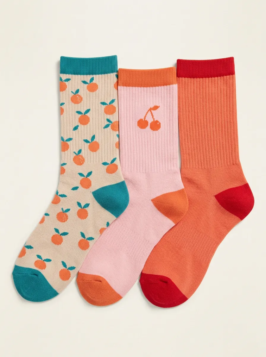 Fresh Patterned Fruit Pattern 3-Pair Mid-Calf Athletic Socks