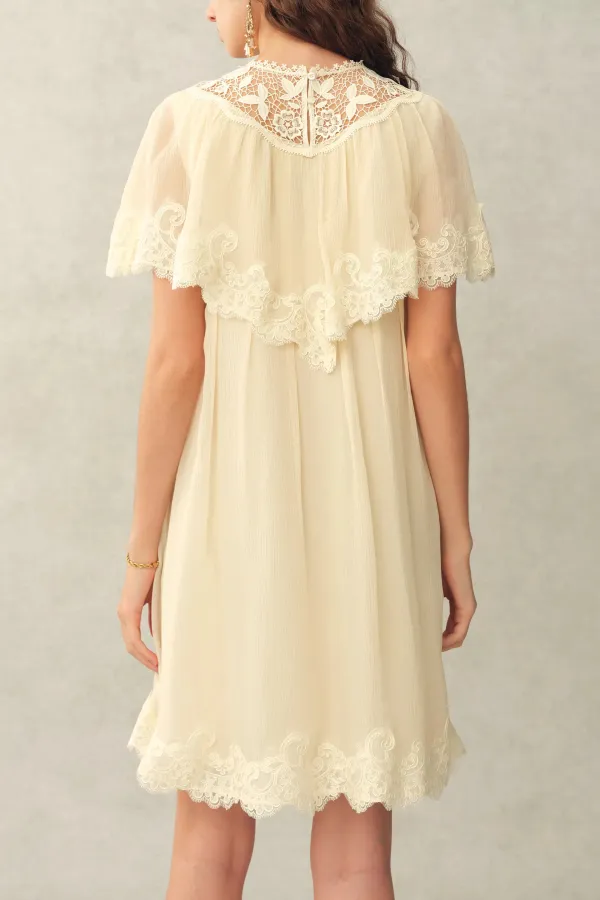 Capelet Short Sleeve Lace Embroidered Silk Blend Midi Dress