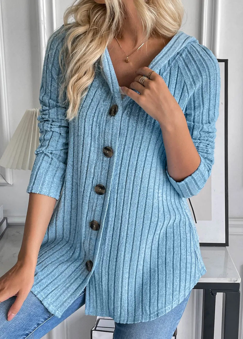 Dusty Blue Button Long Sleeve Hooded Coat