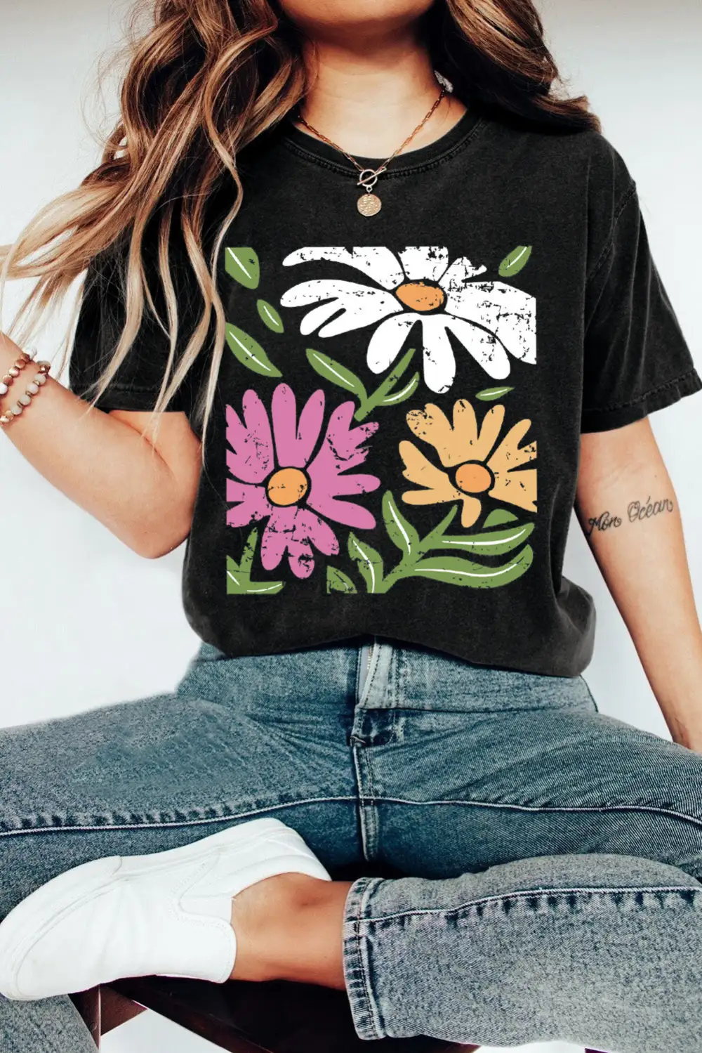 Black Retro Floral Print Crew