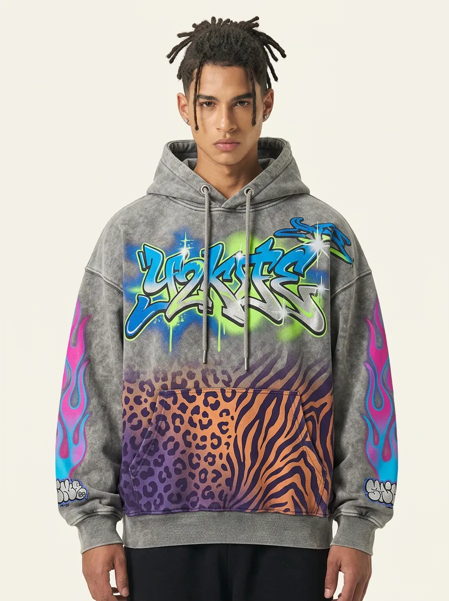 Unisex Y2K Graffiti Leopard Flame Graphic Hoodie