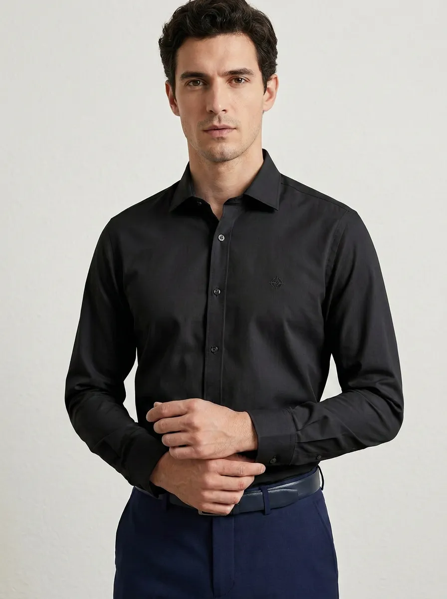 Men's Non-Iron Cotton Compass Logo Embroidered Dress Shirt