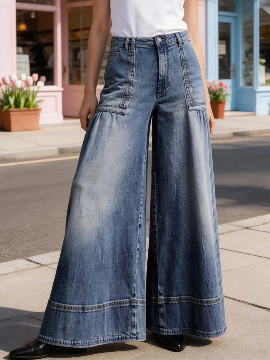 Minimal Wide Leg Seamed Button Detail Zip Detail Pocket Jeans