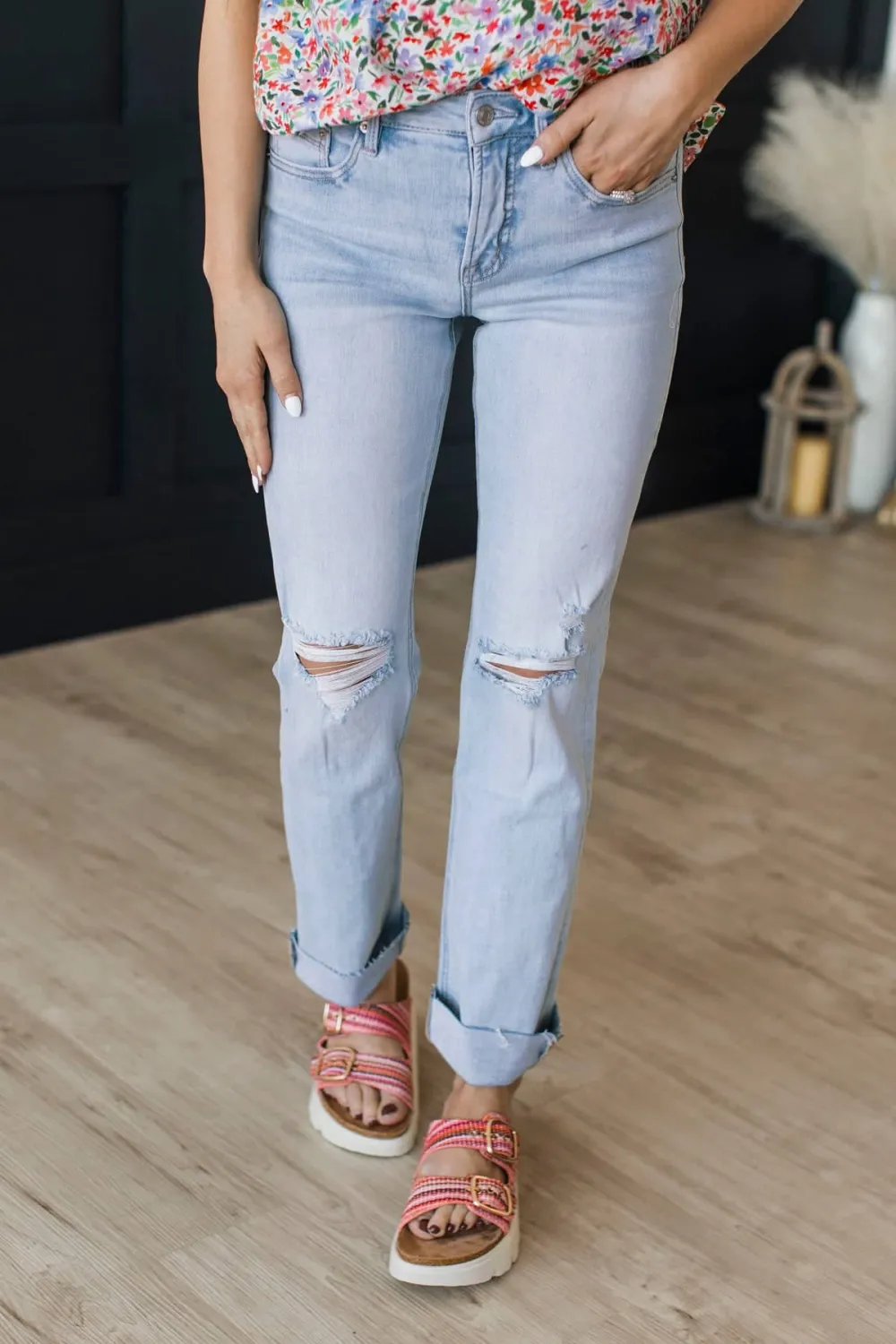 Mid-Rise Tummy Control Straight Leg Distressed Jeans