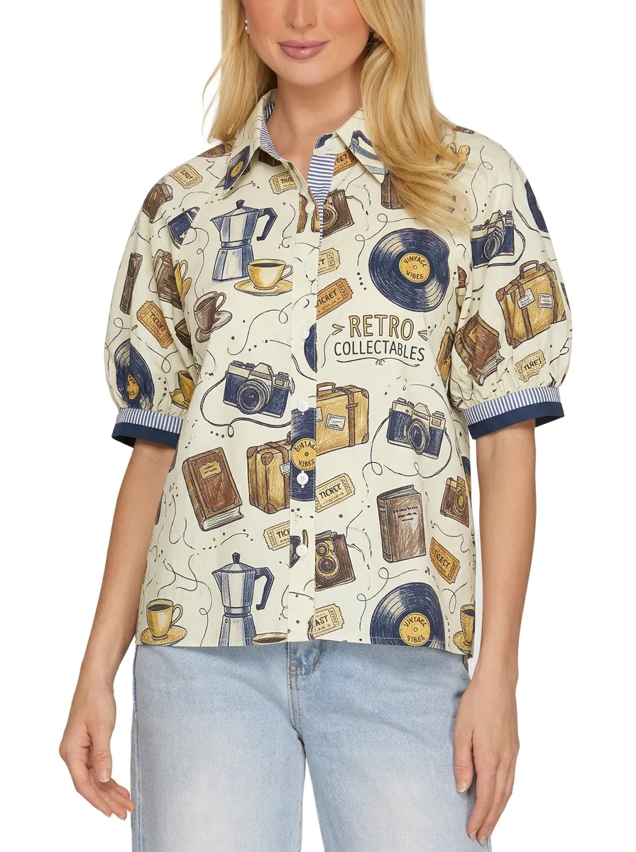 Women's Retro Collectables Camera Vinyl Coffee Printed Shirt