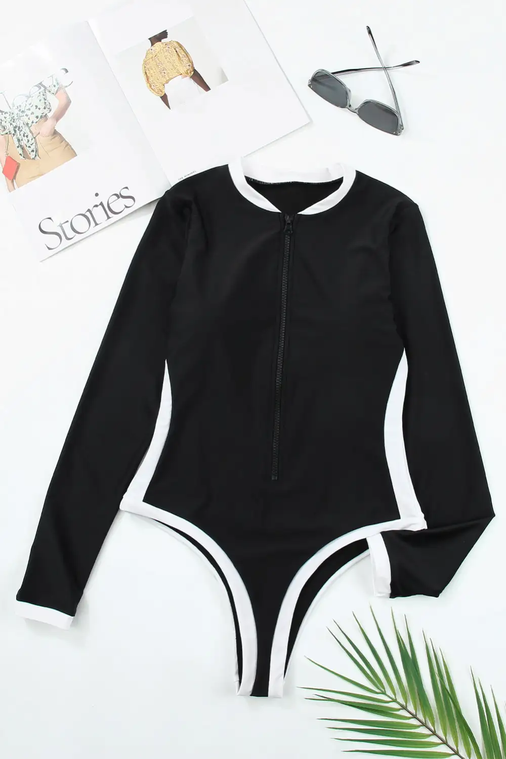 Swimwear Colorblock Trim Zip Front Long Sleeve Rash Guard Swimsuit
