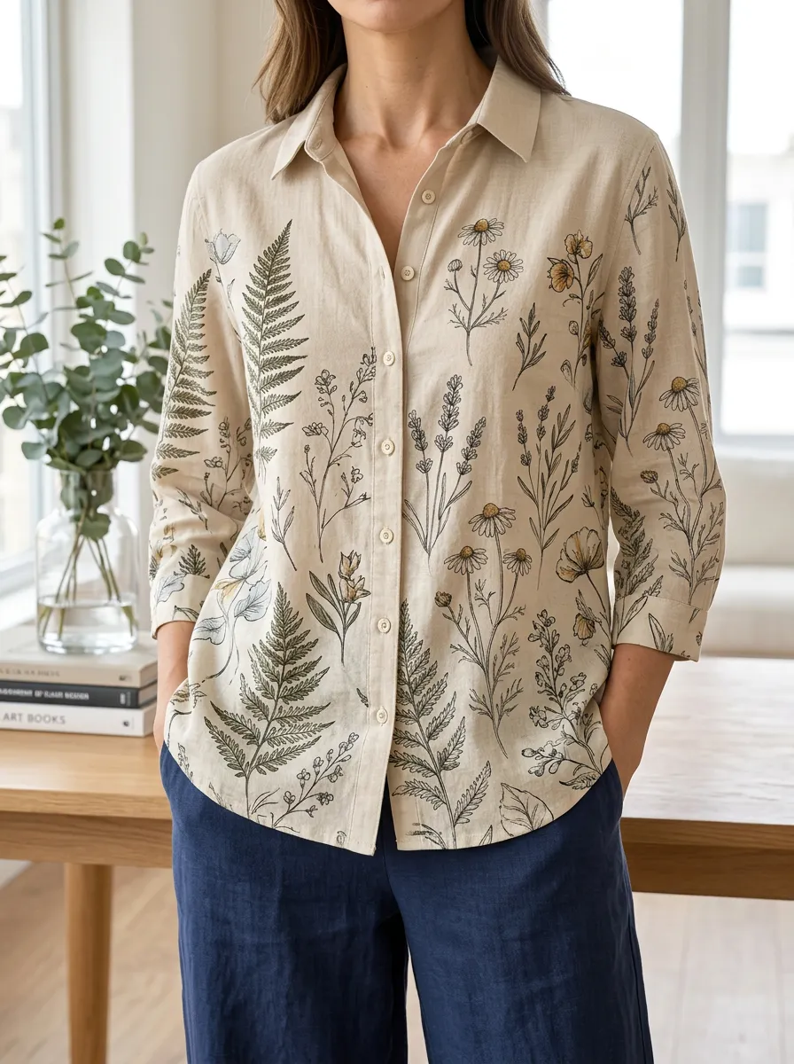 Women's Botanical Nature Lover Fern Daisy Printed Shirt