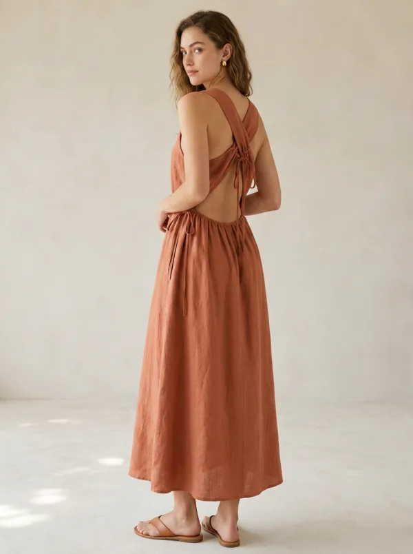 Women's Breezy Casual Crisscross-Back Linen Backless Dress
