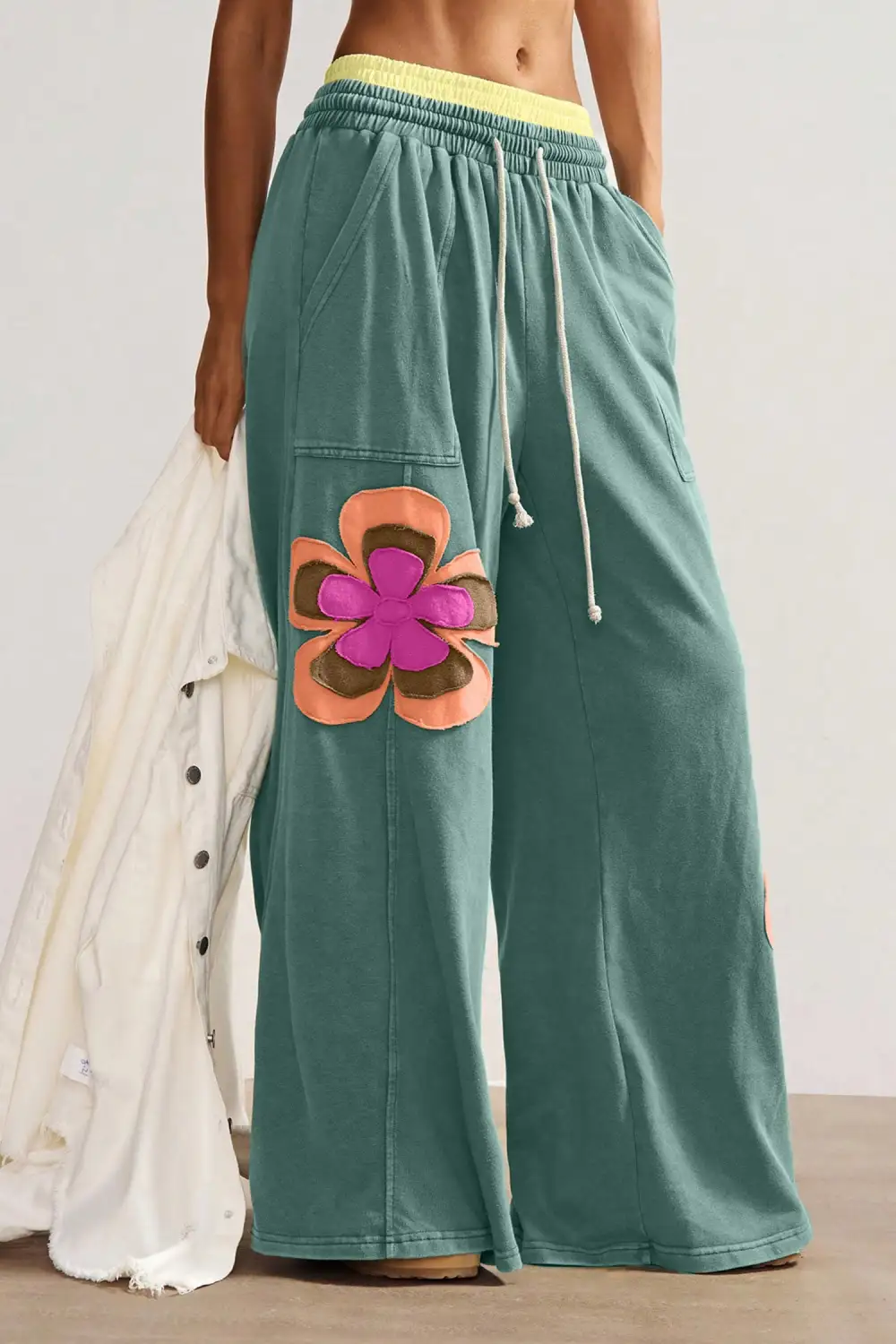 Flower Patchwork Drawstring Contrasted Elastic Rise Wide Leg Pants