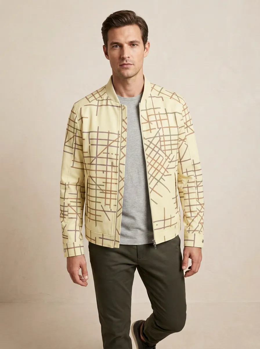 Grid Print Baseball Collar Bomber Jacket
